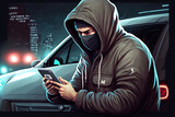 male bandit thief car thief asian uses a tablet to turn off the car alarm. Generative AI