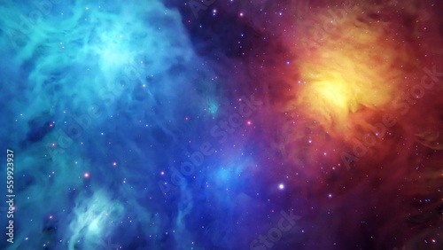 Blue purple pink and yellow nebula galaxy with stars and constellations