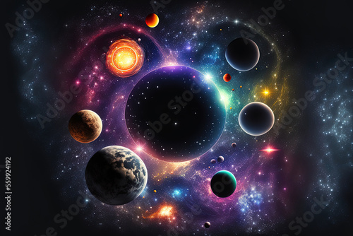 Cosmological background stars, planets, and galaxies; space and time travel;. Generative AI