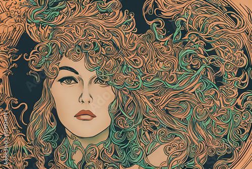 portrait of a woman in art nouveau style as decoration element for cards or banners, generative ai