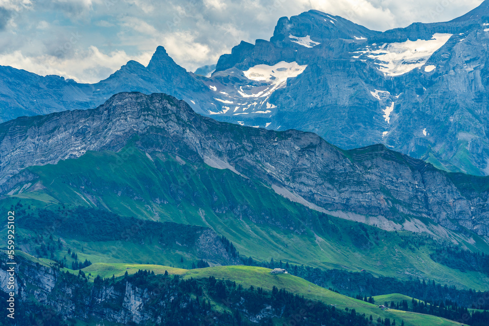 Switzerland 2022, Beautiful view of the Alps from Rigi Kulm. Niederbauen Chulm.