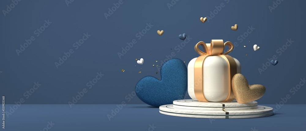 Hearts and a gift box - Appreciation and love theme - 3D render - obrazy, fototapety, plakaty 