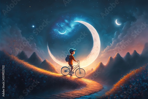 A little boy on a bicycle under the lunar month © Анастасия Птицова
