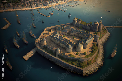 Aerial image of the port of Lorient in southern Brittany, which Vauban fortified in the 17th century at Port Louis in Morbihan, France. Generative AI photo