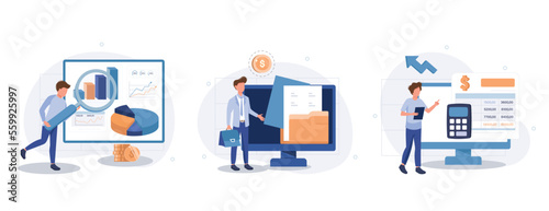 Business intelligence, vision and scope document, software requirement description metaphors. Company activity stats automation. Paperwork optimization. Set flat vector modern illustration
