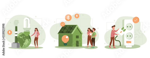Green electricity and power save concept. Sustainability illustration set. Characters reduce energy consumption at home, unplug appliances and use energy saving light bulb. Vector illustration.