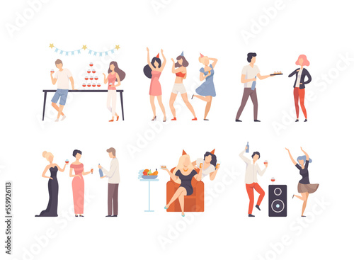 Set of happy people having fun at birthday party. Male and female characters celebrating holiday flat vector illustration