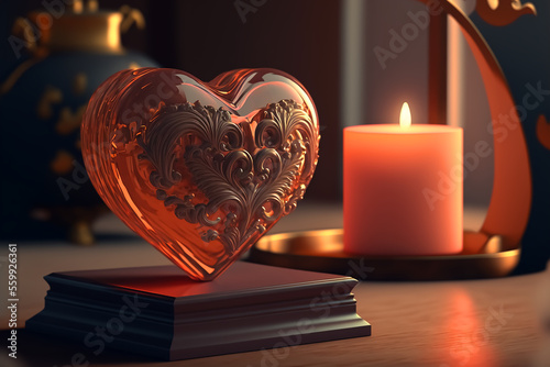 Valentine background with heart, rose flowers, candlelight. Romance atmosphere on Valentine Day. valentine day gift. Generative AI