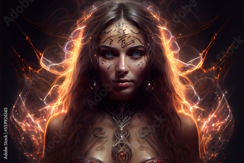  Enigmatic woman with fiery aura and mystical runes, exuding an intense gaze that captivates and embodies the spirit of meditation and magic. generative ai
