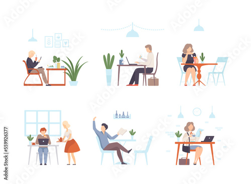 People sitting in cafe or restaurant, drinking coffee and working with laptop computers set flat vector illustration © topvectors