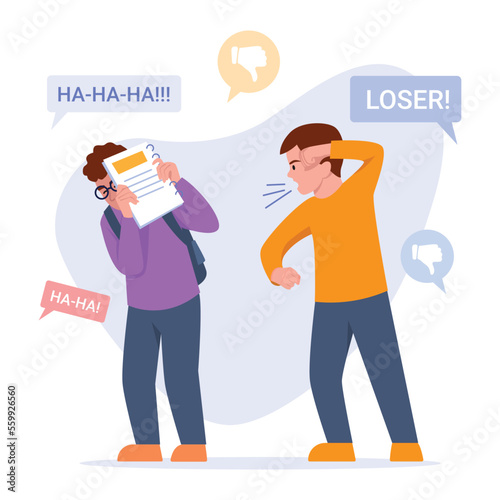 Vector illustration of bullying. Cartoon scene with guys who mock and insult the weak and raise their hand against them on white background. To insult another person.