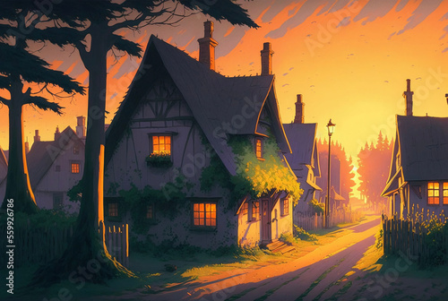 Anime or Manga Drawing of a Quaint Cottage Village Street at Sunset. [Digital Art Painting. Storybook / Fantasy / Historic Background. Graphic Novel, Postcard, or Product Image.]