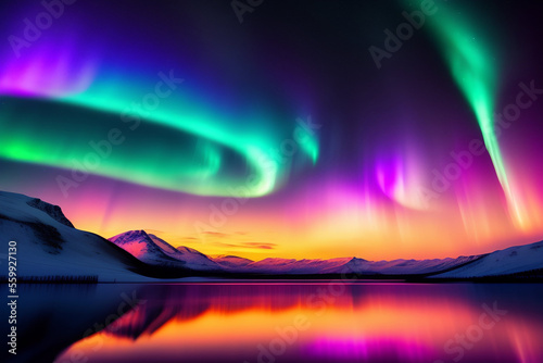 stunning scenery lake starry night and northern lights digital art background