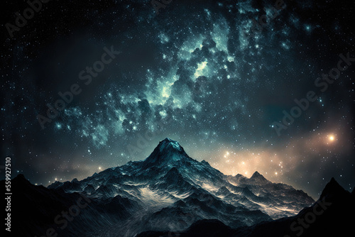 Background of the night sky with stars and mountains. Generative AI