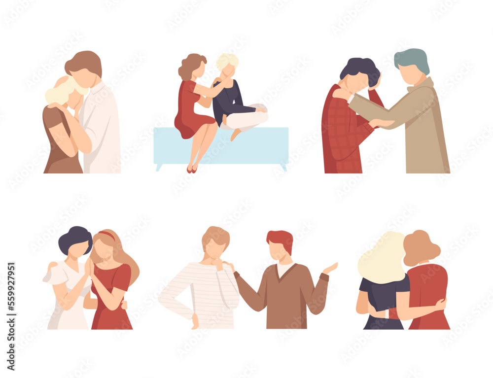 Friends or relatives comforting and caring about each other. Friendship, understanding, acceptance cartoon vector illustration Friends or relatives comforting and caring about each other. Friendship, understanding, acceptance cartoon vector illustration