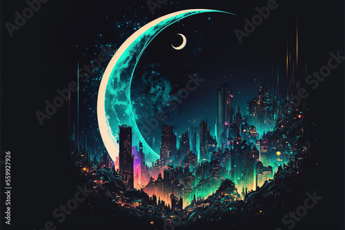 Neon Two Crescent Moons and Cityscape Generative AI
