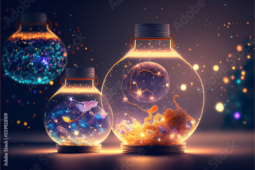 Illuminated Glass Lanterns with Outer Space, Galaxies, Stars, Planets Generative AI