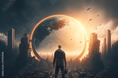 A man stands in front of a circular passage in the post-apocalypse world