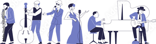 A group of singers and musicians perform at a concert. Blues band scene.