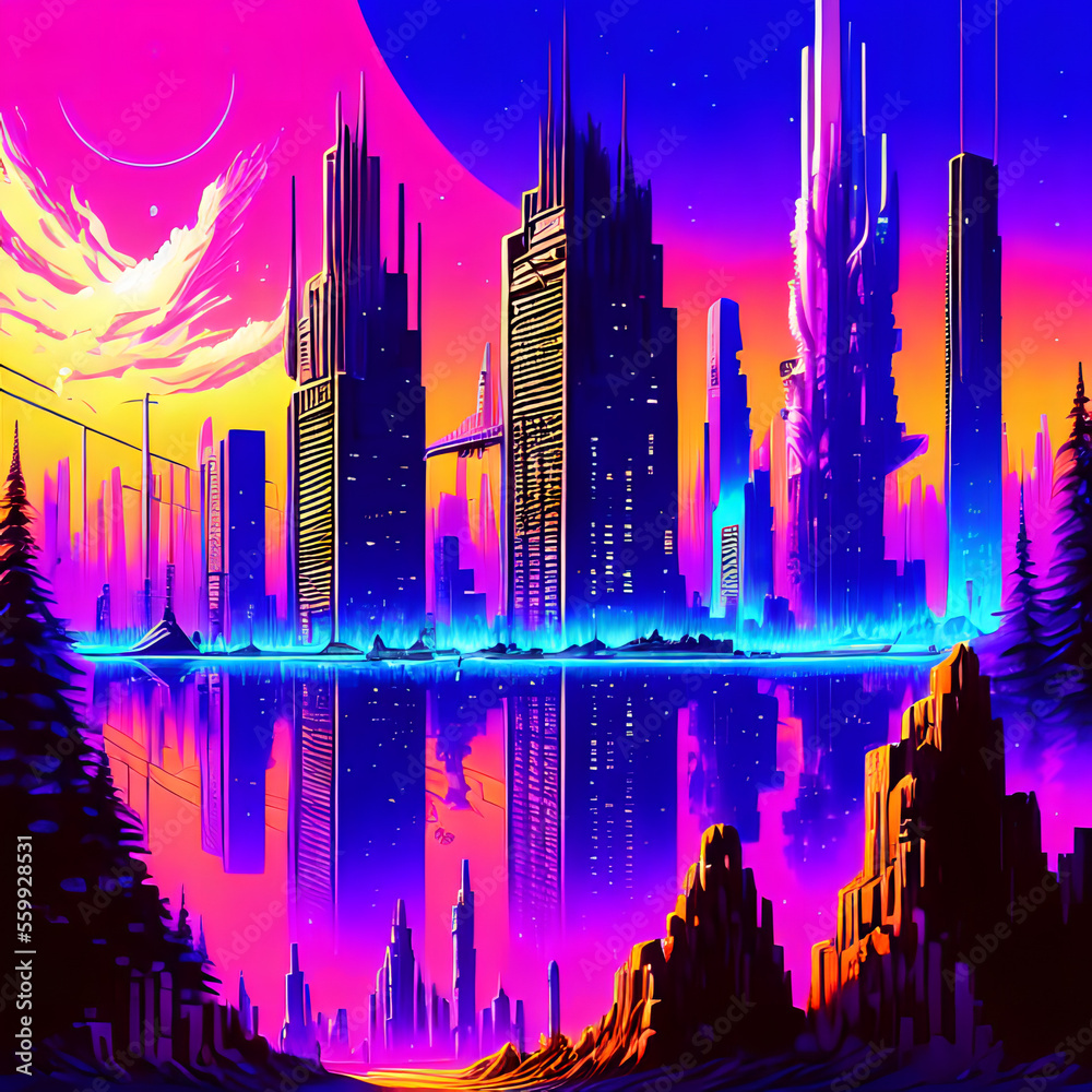 Cityscape in the style of synthwave