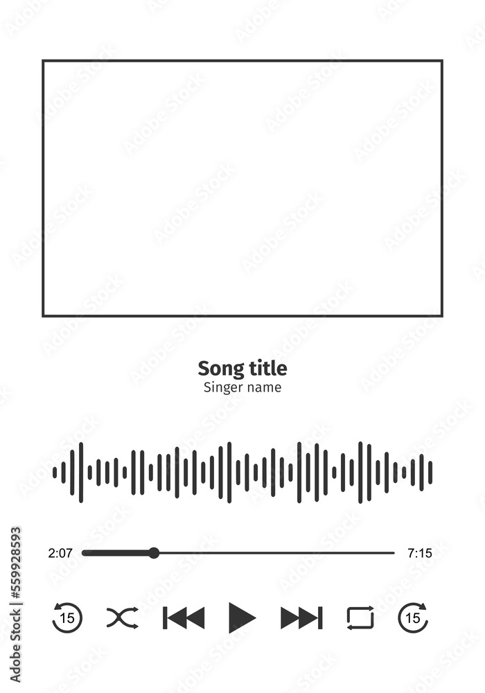 Music player interface with frame for song cover, equalizer, loading  progress bar with timer, buttoms shuffle, rewind, play, fast forward,  repeat. MP3 player template. Vector graphic illustration Stock-Vektorgrafik  | Adobe Stock