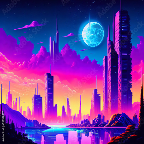 Cityscape in the style of synthwave