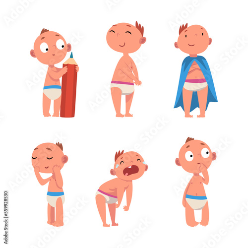 Cute little baby ctivities set. Active baby character with defferent emotions cartoon vector illustration