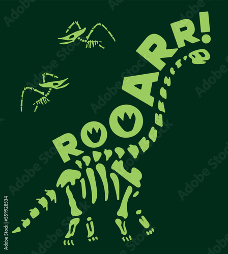 Roar typography. Dinosaur skeleton illustration. Dinosaur fossil vector illustration