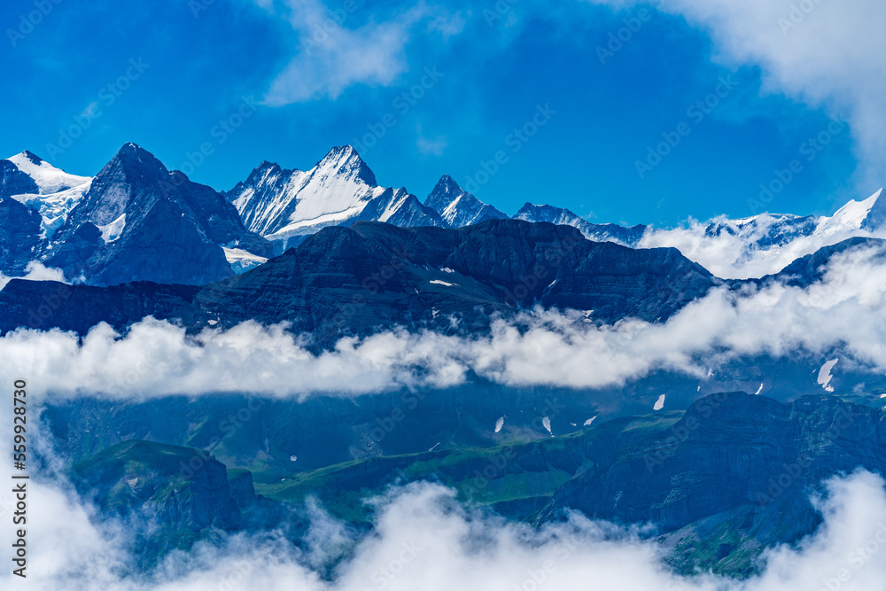 Switzerland 2022, Beautiful view of the Alps from Brienzer Rothorn. Yungfrau mountain.