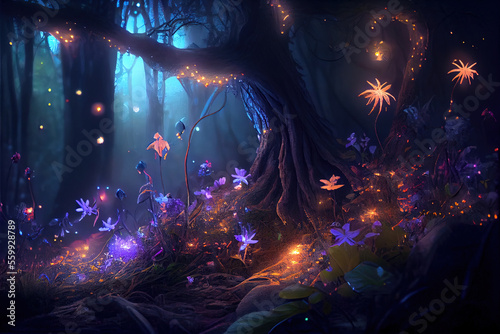 Fototapeta Fairy forest at night, fantasy glowing flowers and lights, generative AI