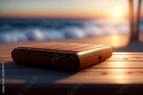 WOODEN TABLE WITH A BOKEH BEACH BACKGROUND - Generative AI technology photo