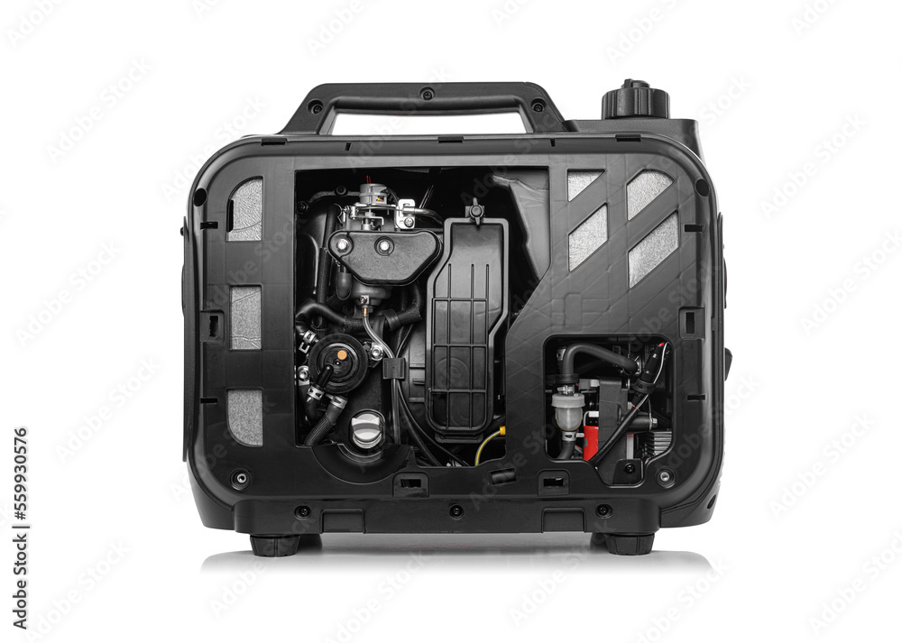 Portable electricity generator isolated on white background. Petrol inverter generator.