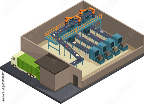 isometric garbage sorting center, vector illustration