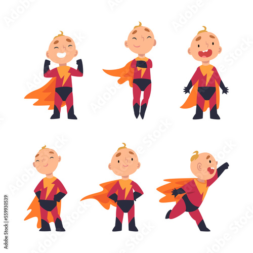 Funny baby boy in bright superhero costume set. Happy cute boys in capes in action cartoon vector illustration