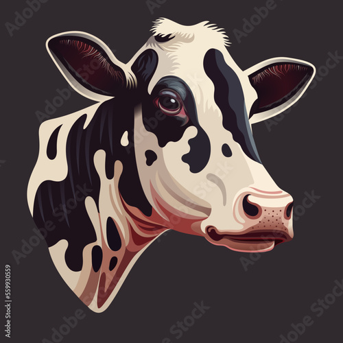 Milk cow head. Realistic color vector digital illustration for design poster, print, web, packaging. Farm animal. Design element for logo, label, emblem, sign.