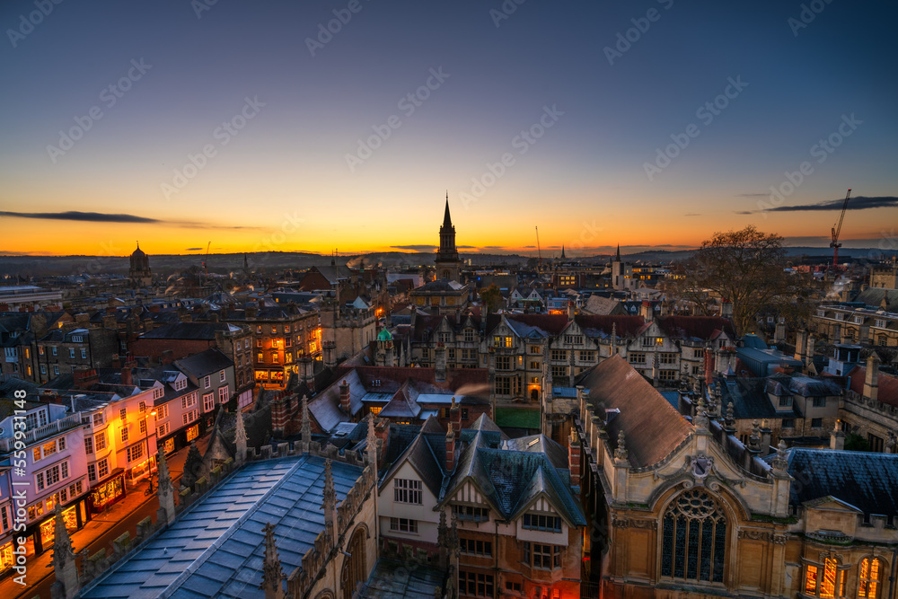 Oxford rooftop skyline view at sunset. England