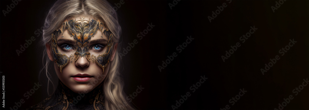 Beautiful caucasian blond woman princess fantasy carnival mardi gras with venetian mask copy space. Generative AI model