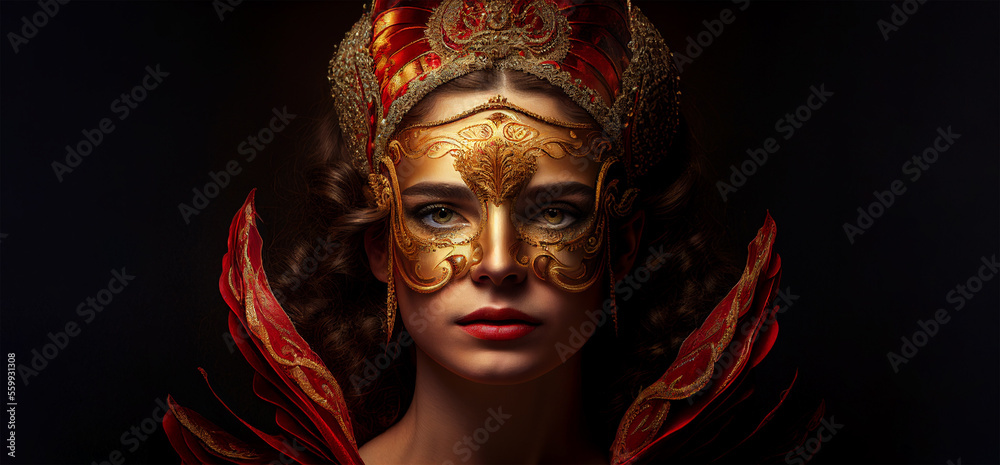 Carnival banner mardi gras beautiful caucasian brunette woman with venetian mask copy space. Generative AI model
