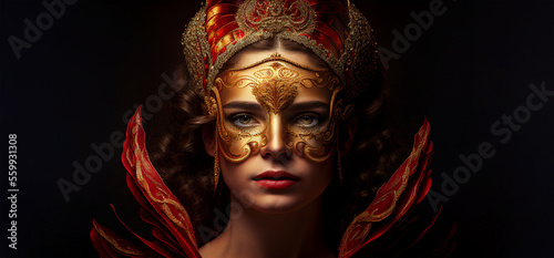 Carnival banner mardi gras beautiful caucasian brunette woman with venetian mask copy space. Generative AI model