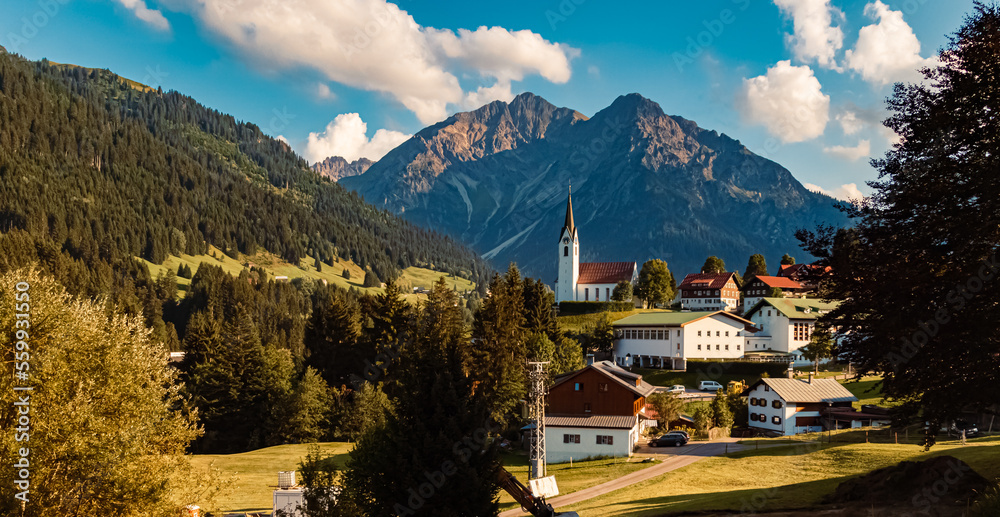 Beautiful alpine summer view at the famous Kleinwalsertal valley, Hirschegg, Vorarlberg, Austria