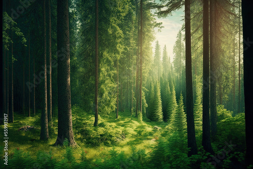 On the distance  there stands a lone  lush green forest. the natural backdrop of a forest s border with both coniferous and deciduous trees. Large size. Generative AI