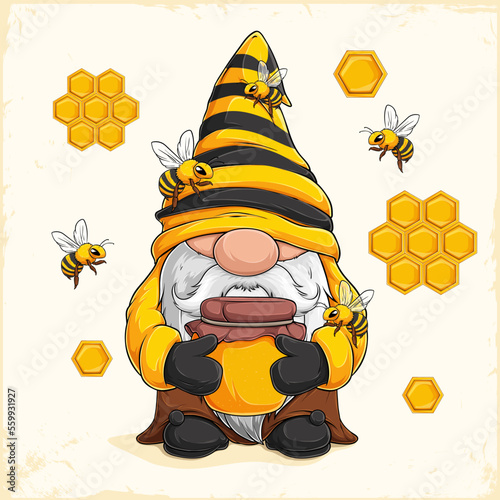 Hand drawn cute beekeeper gnome holding a glass jar full of honey surrounded by bees and honeycomb