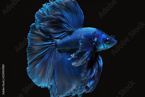Betta fish in blue against a backdrop of complete black. Generative AI