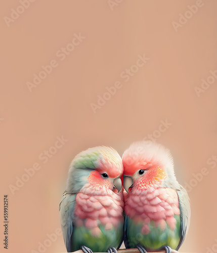 Two cute parrots in love in pastel colors with pastel background. copy space. Card, banner for valentine's day. Generative AI © AGA ART Studio
