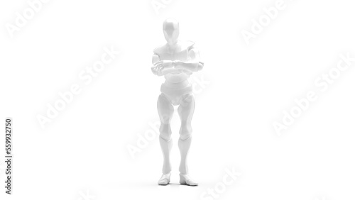 Detailed appearance of the white AI robot under white background. Concept 3D CG of automatic operation  optimization and block chain. PNG file format.