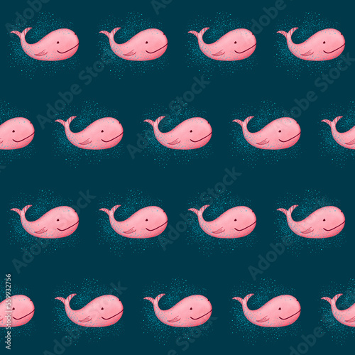 Seamless pattern with hand drawn cute whale character. Kawaii cartoon children's illustration for poster, print, postcard, T-shirt design. Smiling sea animal mascot.