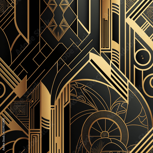 Art deco style geometric seamless pattern in black and gold. Vector illustration