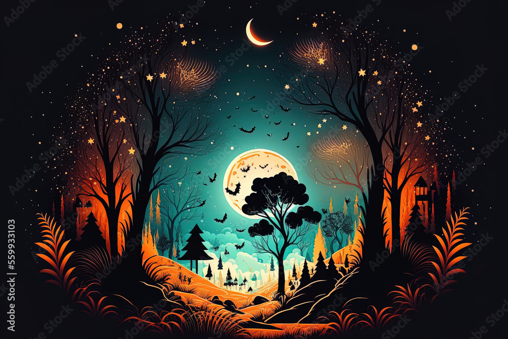 Halloween night in paradise with stars in the forest. Generative AI