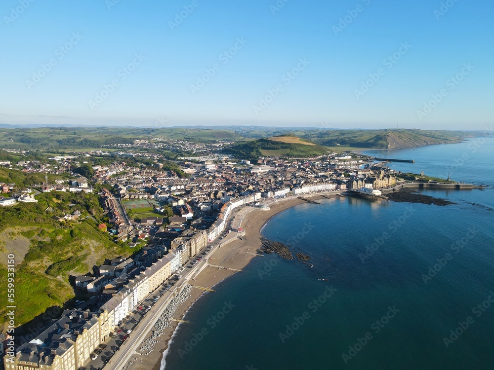 Obraz premium .Aberystwyth North Wales seaside town Drone, Aerial, view from air, birds eye view,