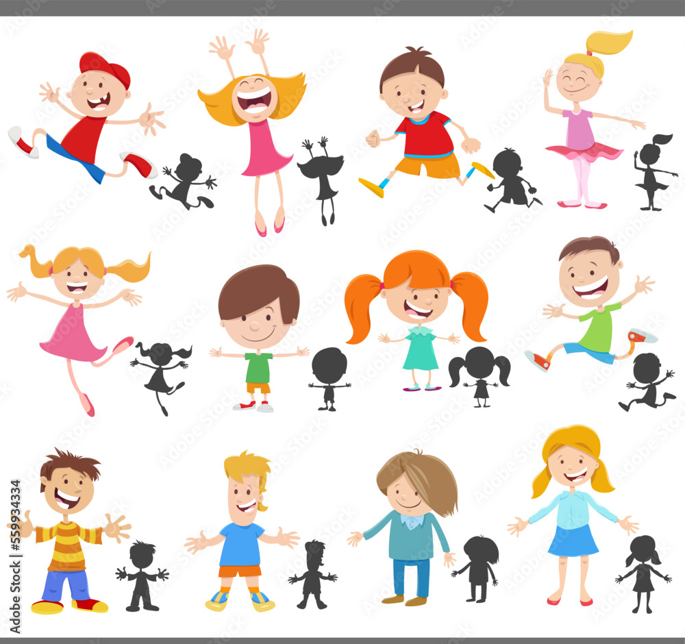 cartoon happy children characters and silhouettes set